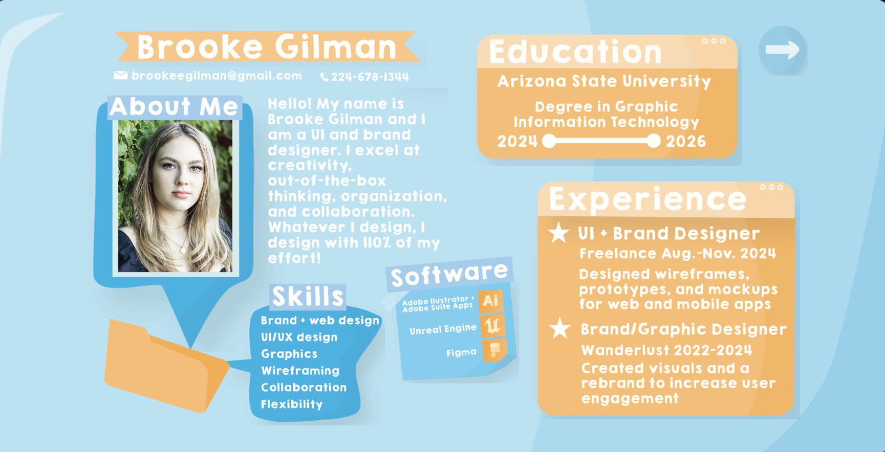 Brooke Gilman — UI/UX Designer, with education, skills, and experience overview
