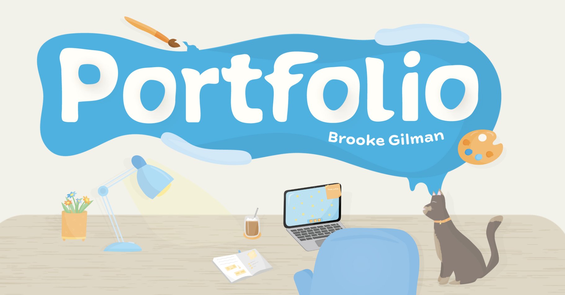 Brooke Gilman portfolio illustration with desk, cat, and creative workspace