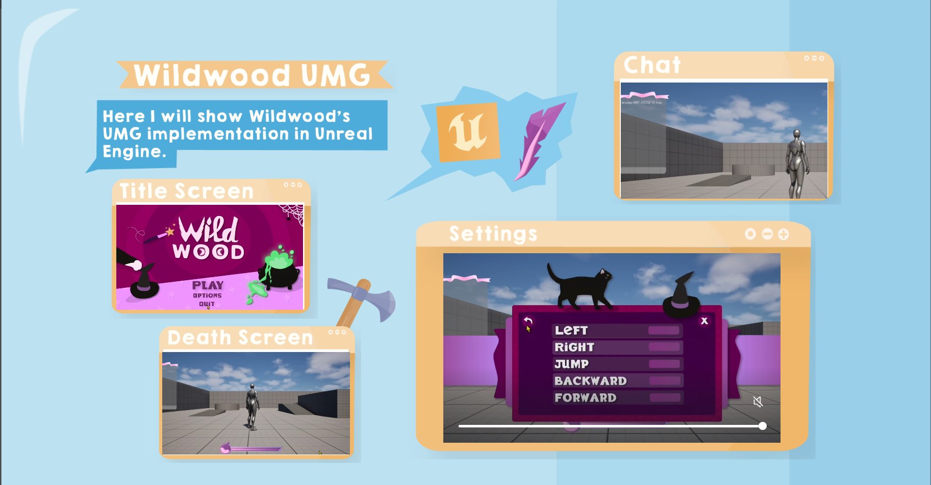 Wildwood UMG implementation in Unreal Engine — title screen, settings, death screen, and chat